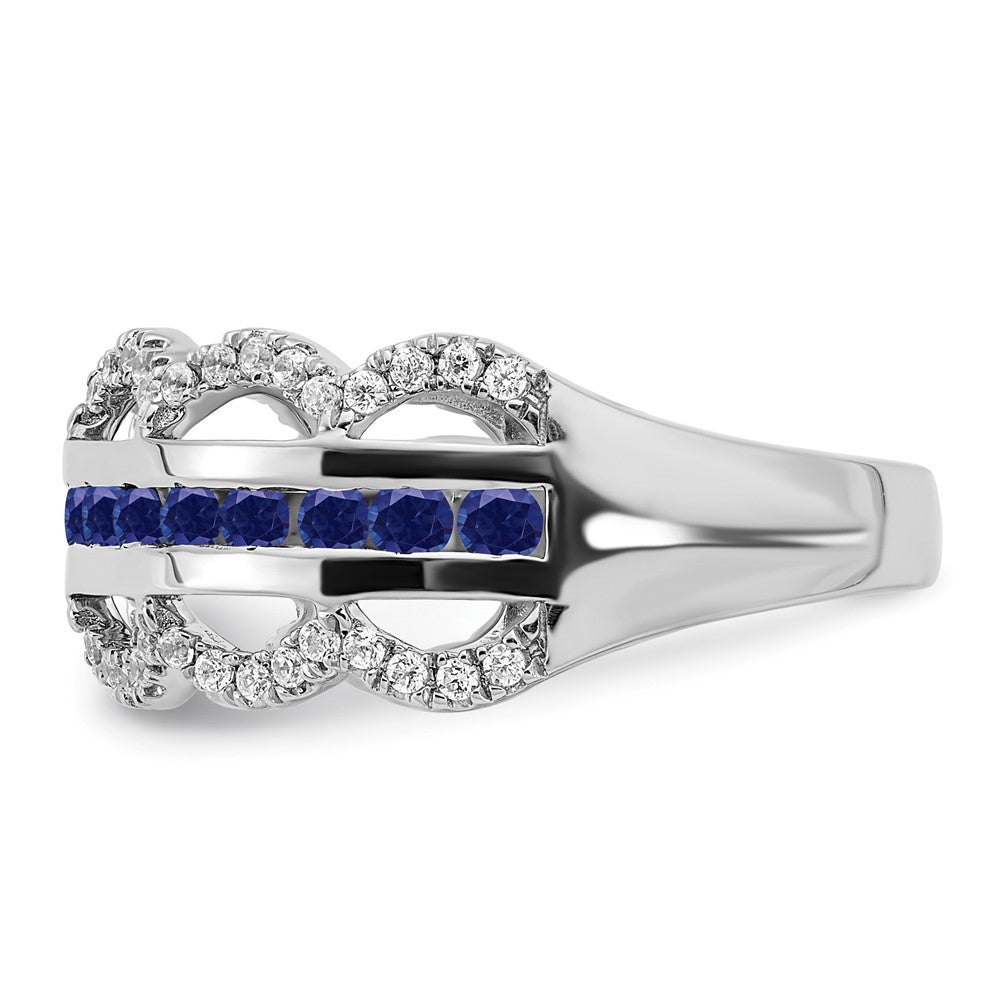 14k White Gold Created Sapphire and Real Diamond Scallop Ring