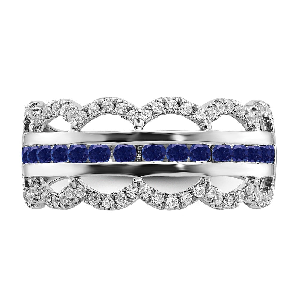 14k White Gold Created Sapphire and Real Diamond Scallop Ring