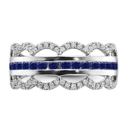 14k White Gold Created Sapphire and Real Diamond Scallop Ring