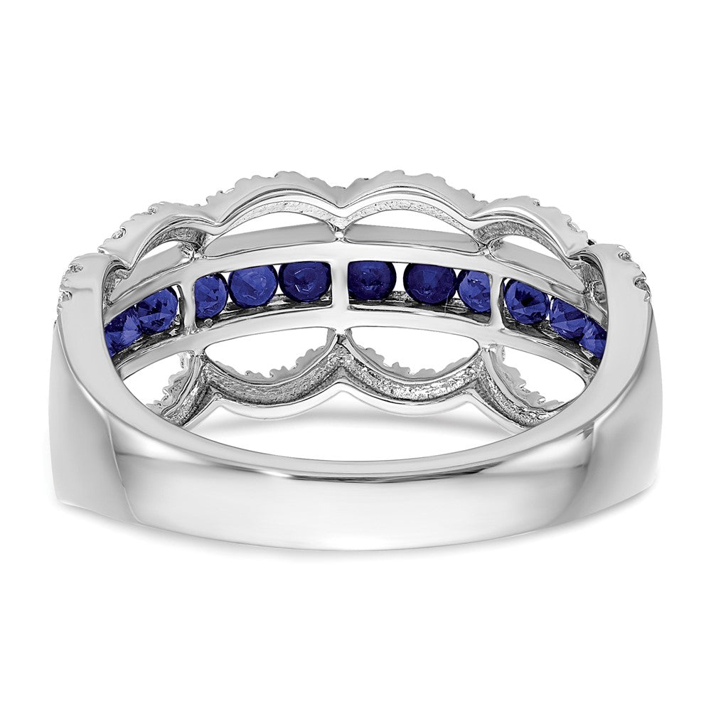 14k White Gold Created Sapphire and Real Diamond Scallop Ring