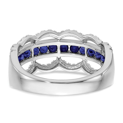 14k White Gold Created Sapphire and Real Diamond Scallop Ring