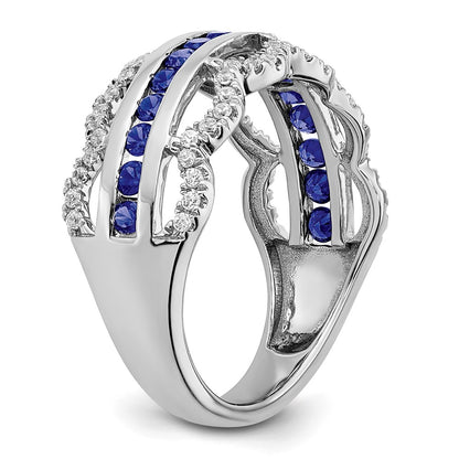 14k White Gold Created Sapphire and Real Diamond Scallop Ring