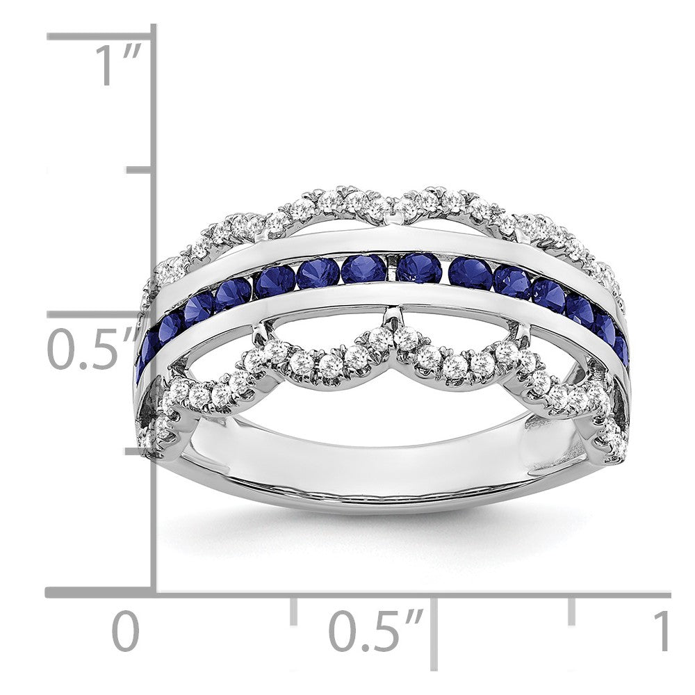 14k White Gold Created Sapphire and Real Diamond Scallop Ring