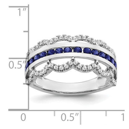 14k White Gold Created Sapphire and Real Diamond Scallop Ring