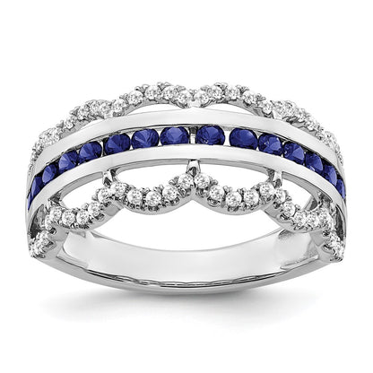 14k White Gold Created Sapphire and Real Diamond Scallop Ring