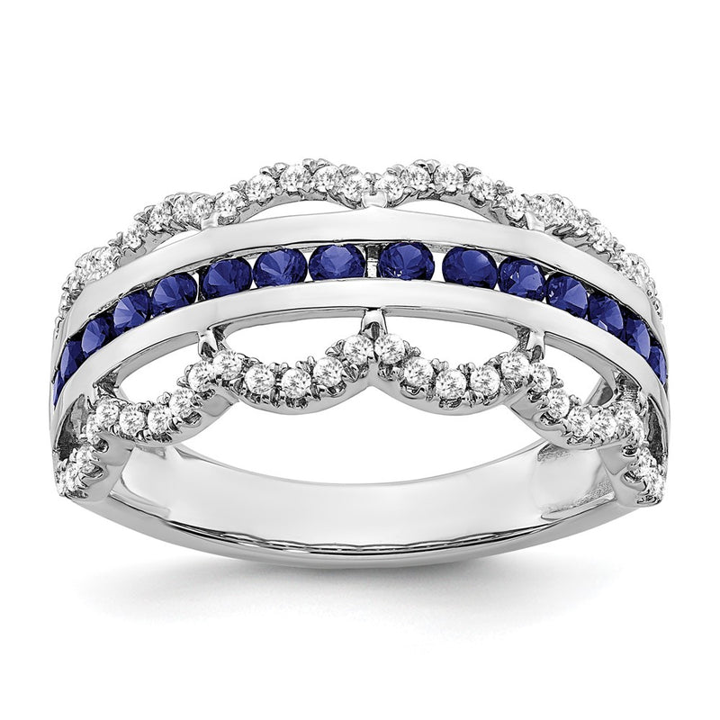 14k White Gold Created Sapphire and Real Diamond Scallop Ring