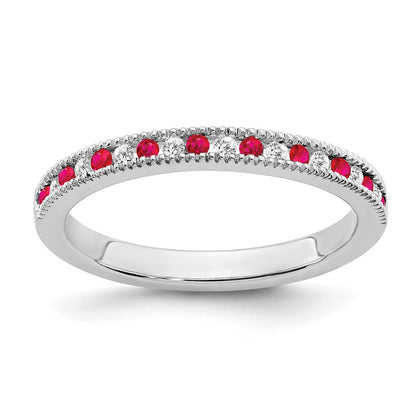 Solid 14k White Gold Simulated Ruby and CZ Band