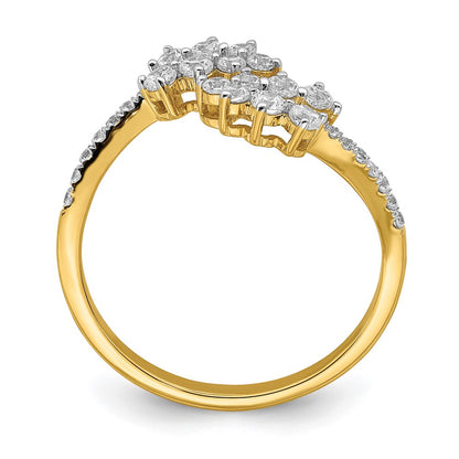 Solid 14k Yellow Gold Simulated Ruby and CZ Leaves Bypass Ring
