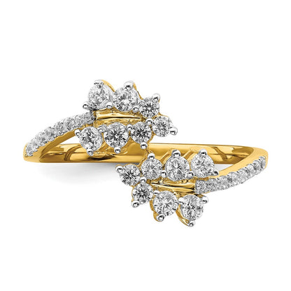 Solid 14k Yellow Gold Simulated Ruby and CZ Leaves Bypass Ring