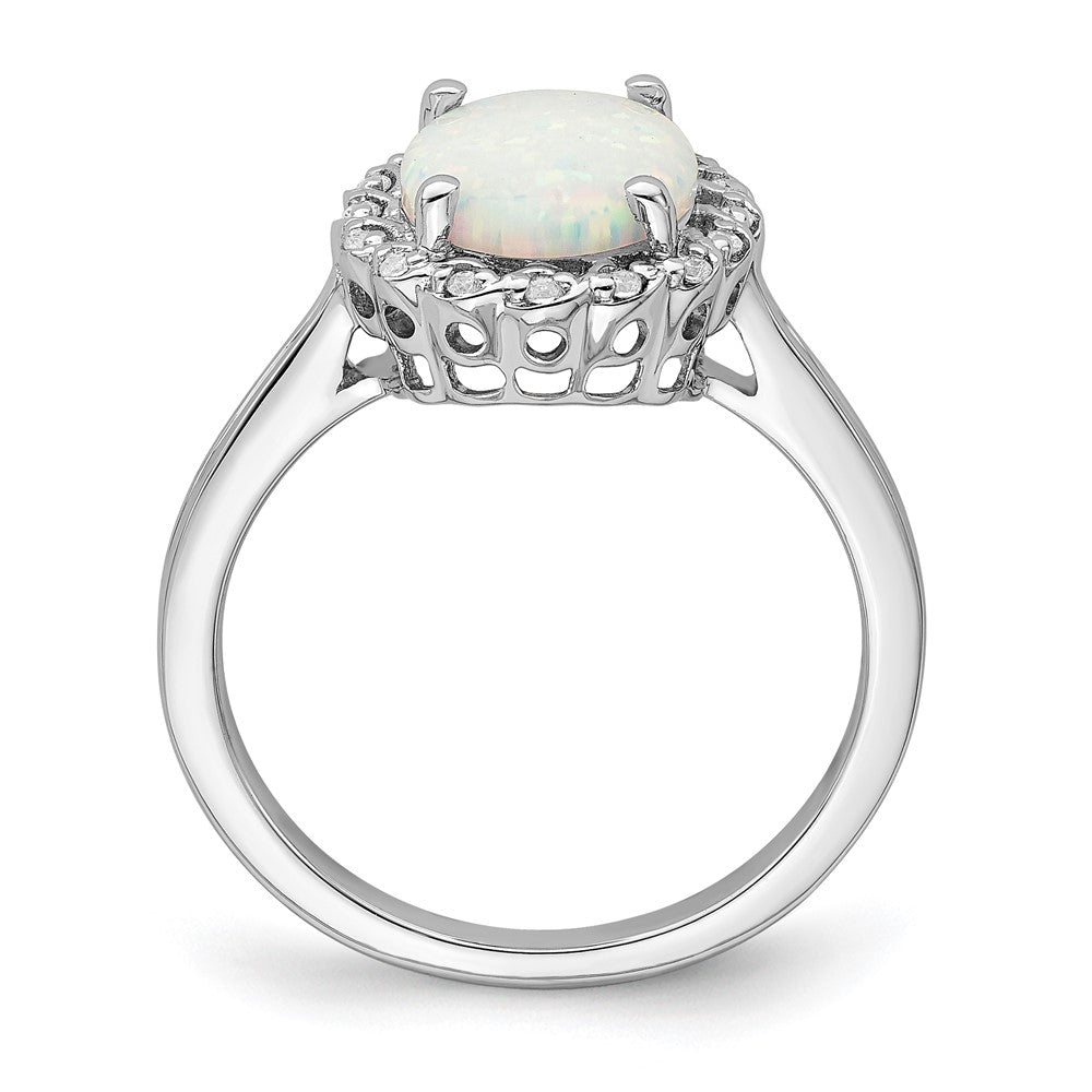 14k White Gold Created Opal and Real Diamond Halo Ring