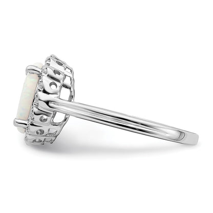 Solid 14k White Gold Created Simulated Opal and CZ Halo Ring