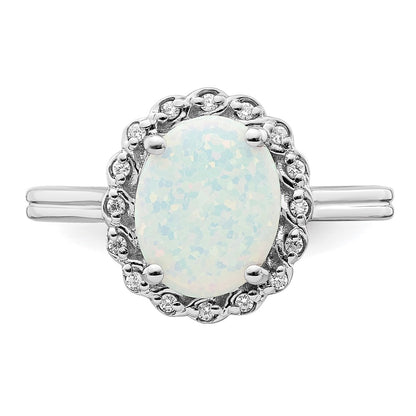 Solid 14k White Gold Created Simulated Opal and CZ Halo Ring