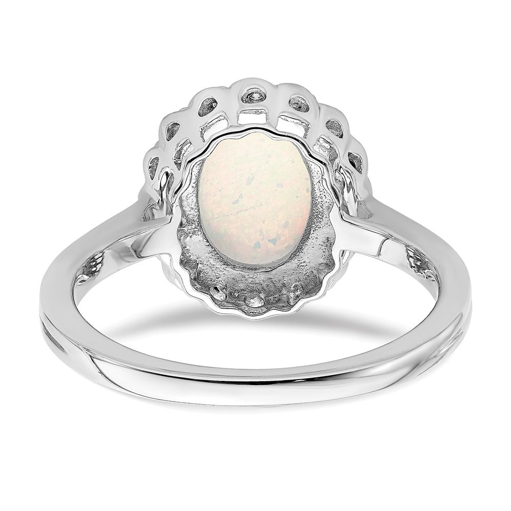 Solid 14k White Gold Created Simulated Opal and CZ Halo Ring