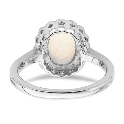 Solid 14k White Gold Created Simulated Opal and CZ Halo Ring