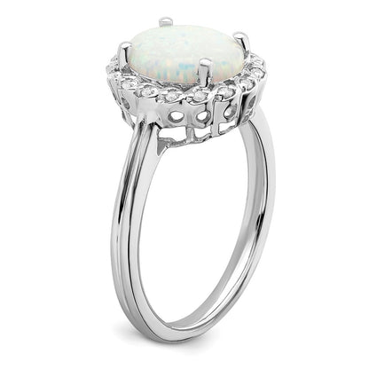 Solid 14k White Gold Created Simulated Opal and CZ Halo Ring