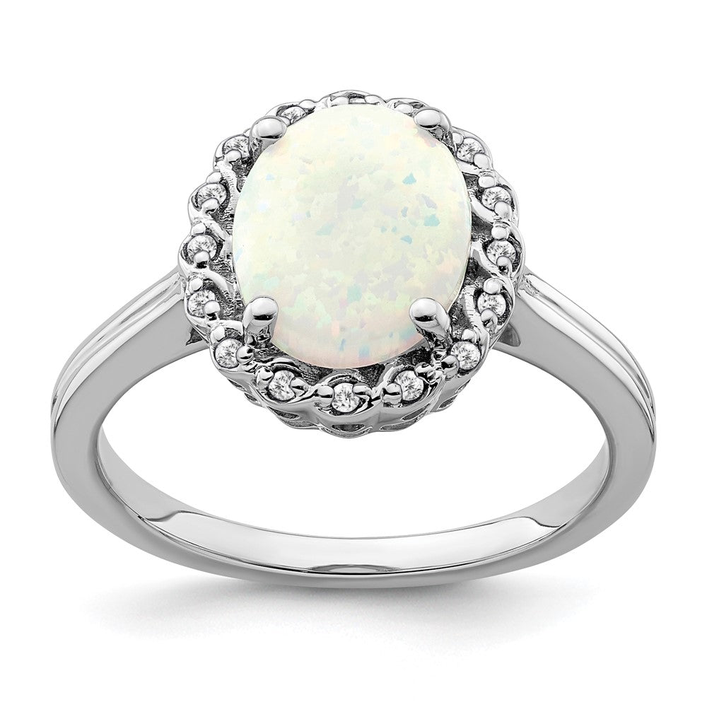 Solid 14k White Gold Created Simulated Opal and CZ Halo Ring