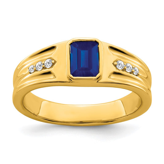 14K Yellow Gold Sapphire and Real Diamond Mens Ring