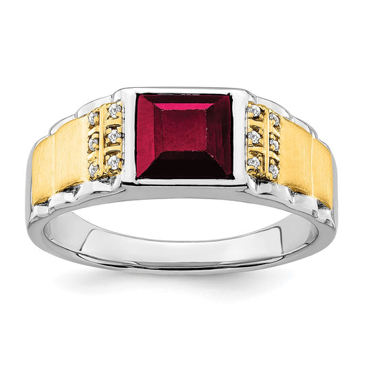 14k Two-Tone Gold Created Ruby and Real Diamond Mens Ring