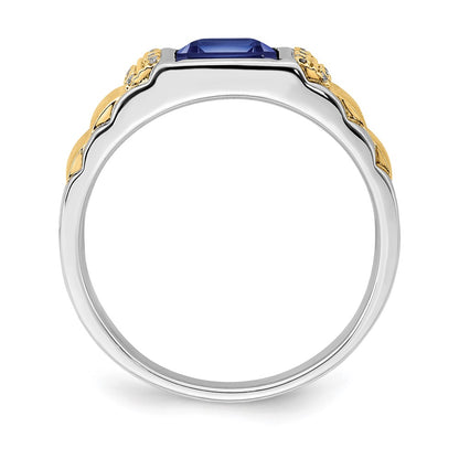 14k Two-Tone Gold Created Sapphire and Real Diamond Mens Ring