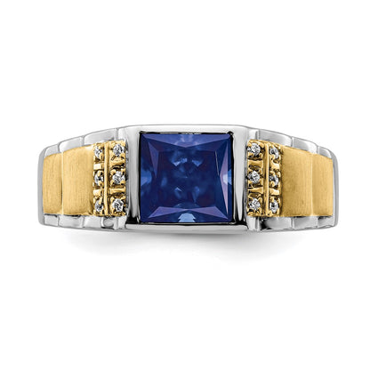 14k Two-Tone Gold Created Sapphire and Real Diamond Mens Ring
