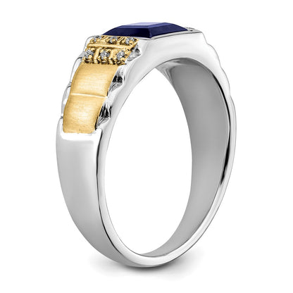 14k Two-Tone Gold Created Sapphire and Real Diamond Mens Ring