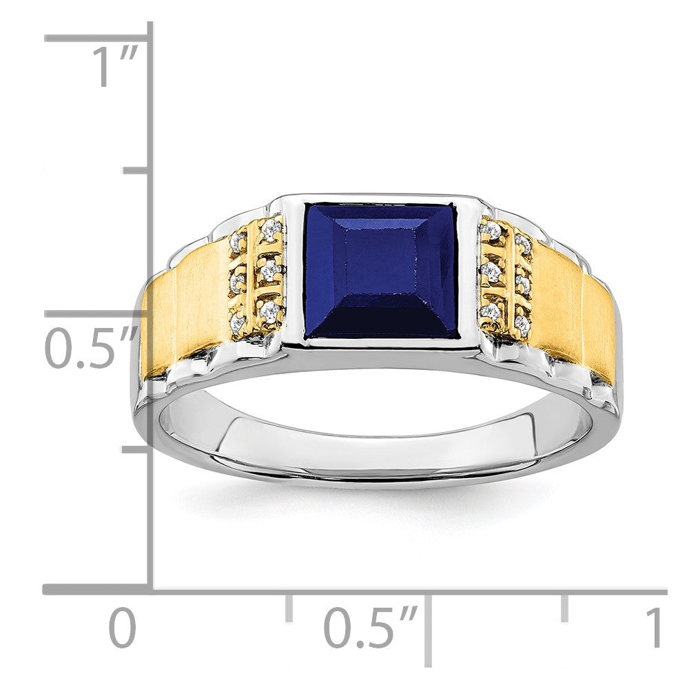 14k Two-Tone Gold Created Sapphire and Real Diamond Mens Ring