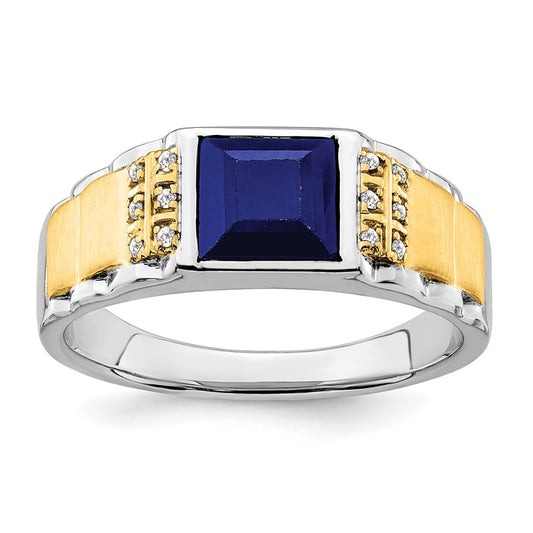 14k Two-Tone Gold Created Sapphire and Real Diamond Mens Ring