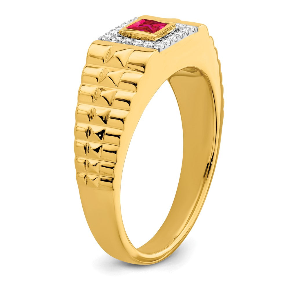 14K Yellow Gold Square Ruby and Real Diamond Mens Ring