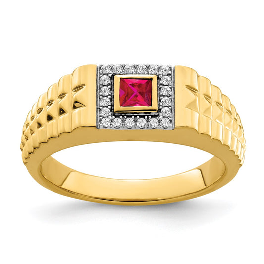 14K Yellow Gold Square Ruby and Real Diamond Mens Ring