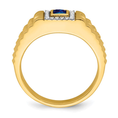 14K Yellow Gold Square Sapphire and Real Diamond Mens Ring