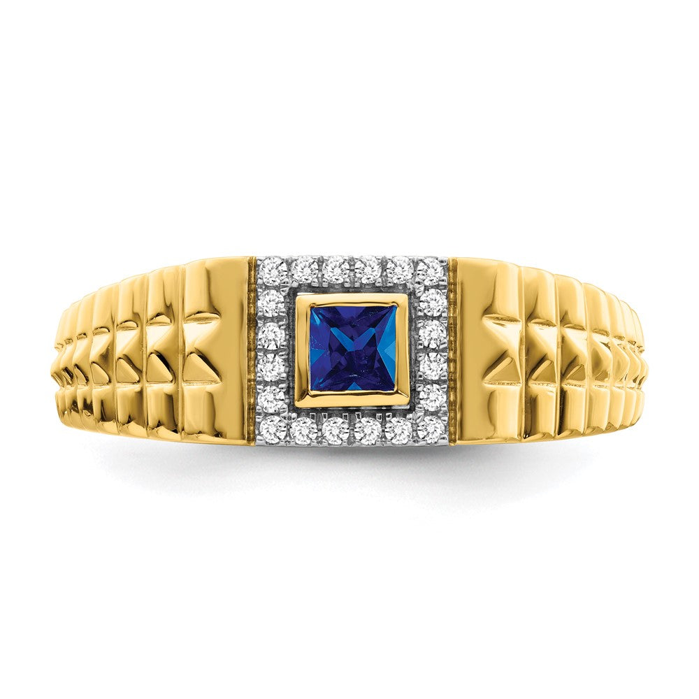 14K Yellow Gold Square Sapphire and Real Diamond Mens Ring