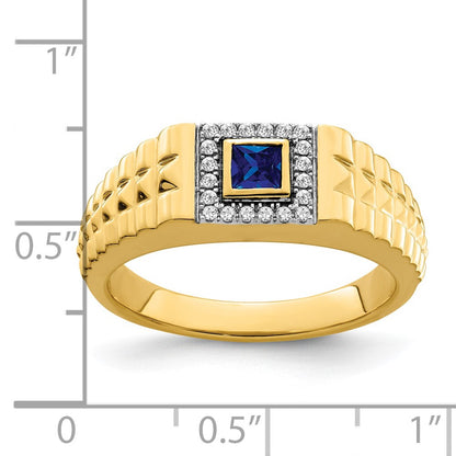 14K Yellow Gold Square Sapphire and Real Diamond Mens Ring
