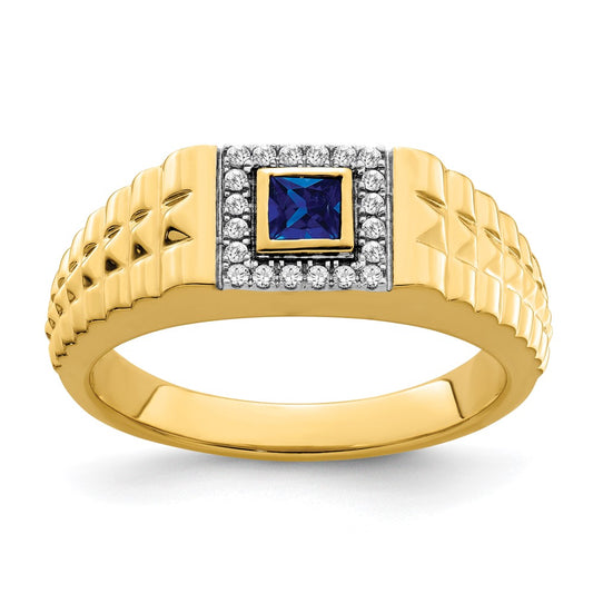 14K Yellow Gold Square Sapphire and Real Diamond Mens Ring