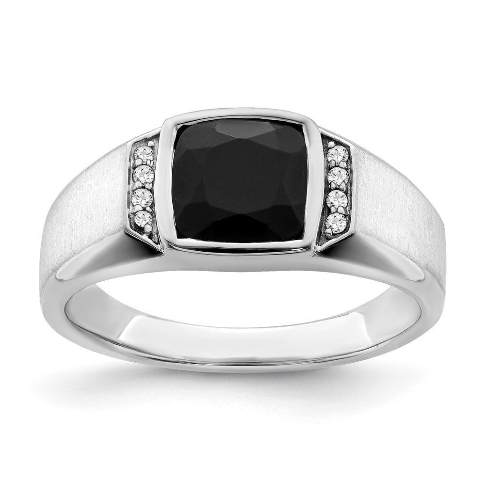 14k White Gold Onyx and Real Diamond Mens Ring