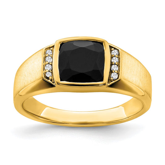 14K Yellow Gold Onyx and Real Diamond Mens Ring