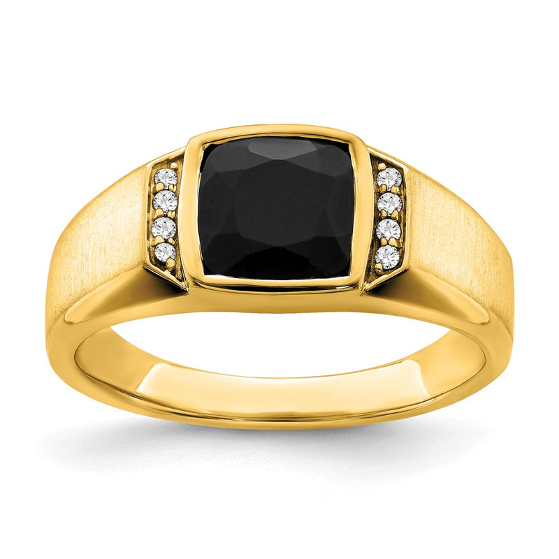 14K Yellow Gold Onyx and Real Diamond Mens Ring