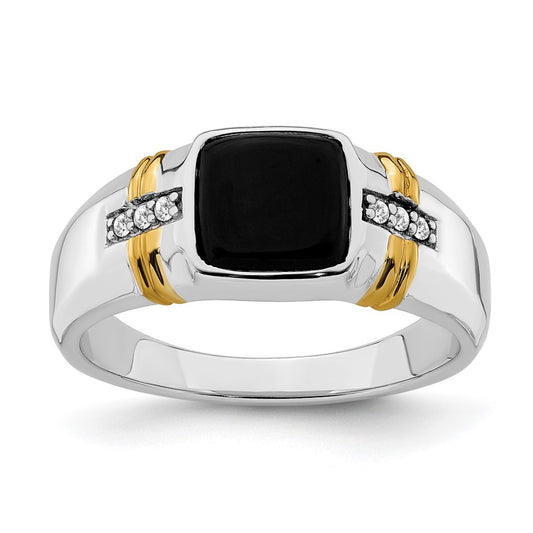 14k Two-Tone Gold Onyx and Real Diamond Mens Ring