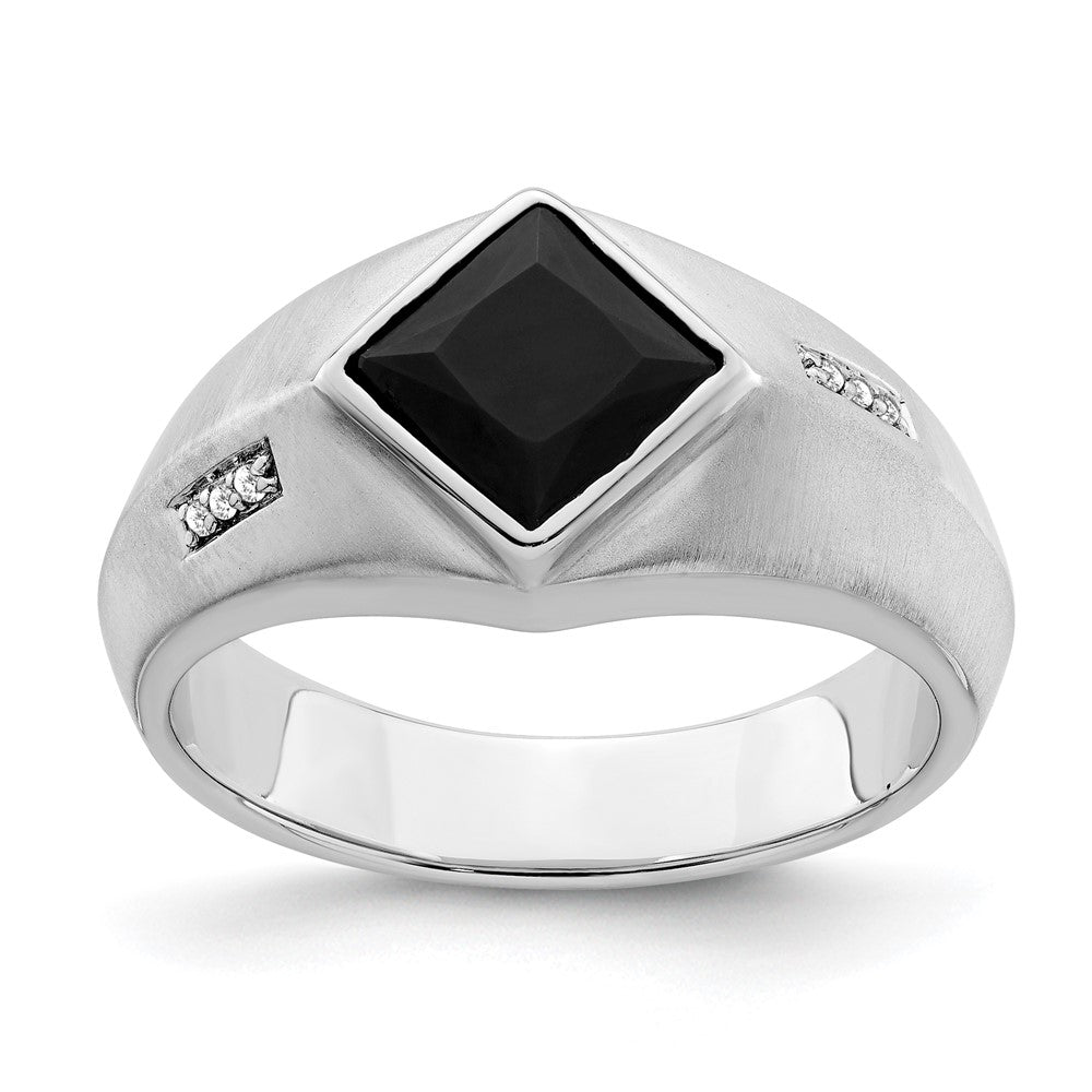 14k White Gold Onyx and Real Diamond Mens Ring