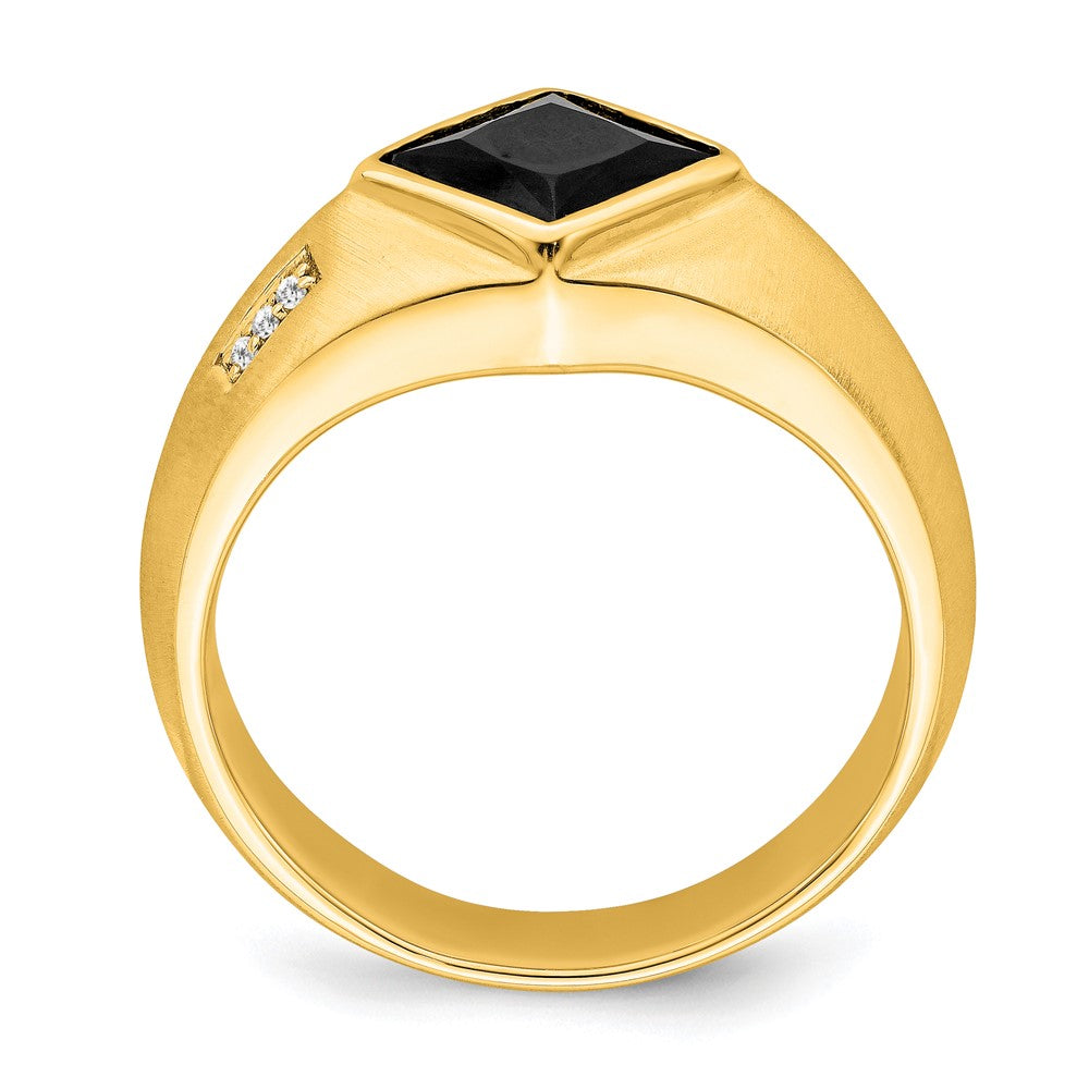 14K Yellow Gold Onyx and Real Diamond Satin Mens Ring