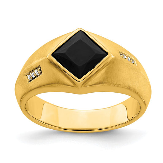 14K Yellow Gold Onyx and Real Diamond Satin Mens Ring