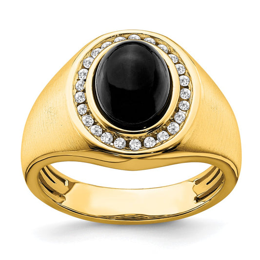 14K Yellow Gold Oval Onyx and Real Diamond Mens Ring