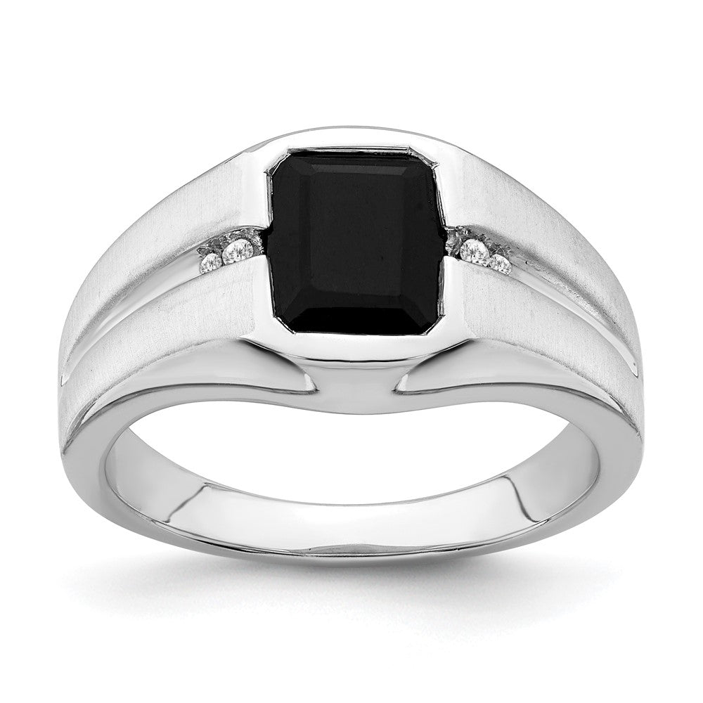 14k White Gold Onyx and Real Diamond Mens Ring