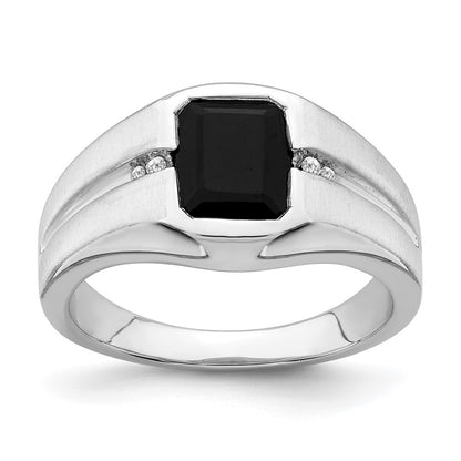 14k White Gold Onyx and Real Diamond Mens Ring