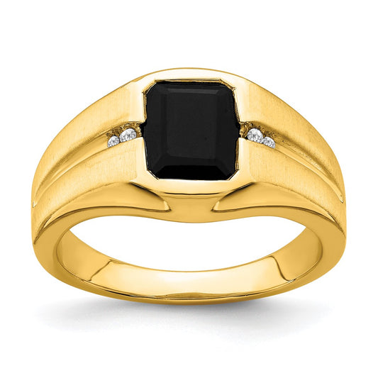 14K Yellow Gold Onyx and Real Diamond Mens Ring