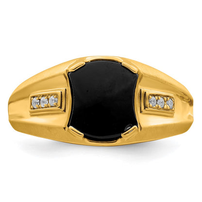 14K Yellow Gold Onyx and Real Diamond Mens Ring