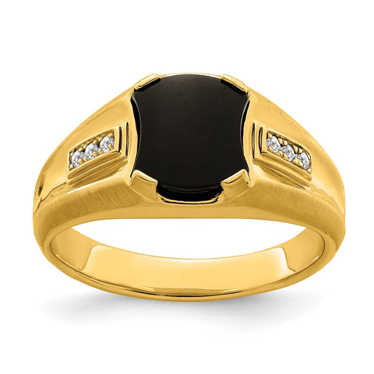 14K Yellow Gold Onyx and Real Diamond Mens Ring