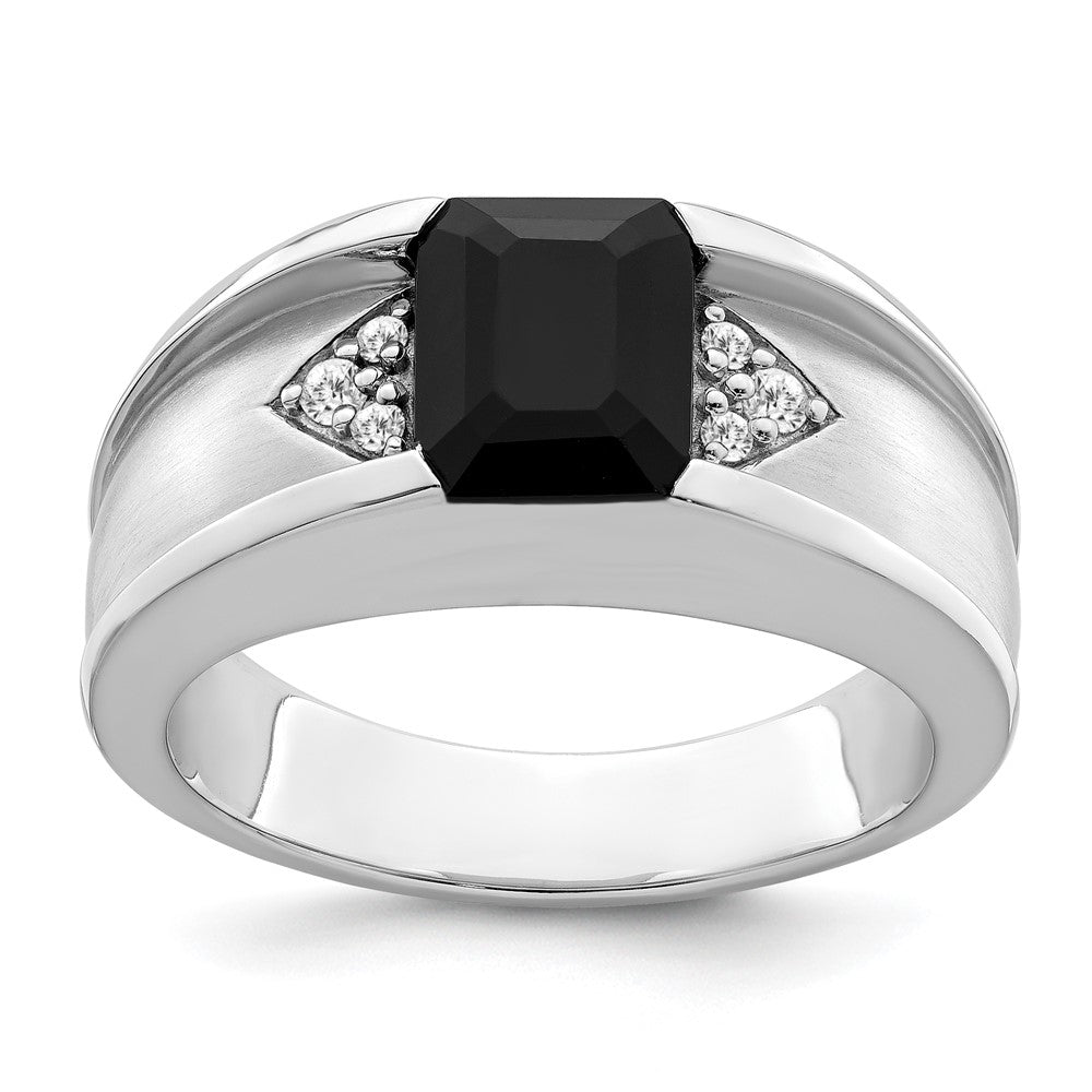 14k White Gold Onyx and Real Diamond Mens Ring