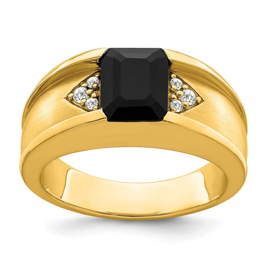 14K Yellow Gold Onyx and Real Diamond Mens Ring