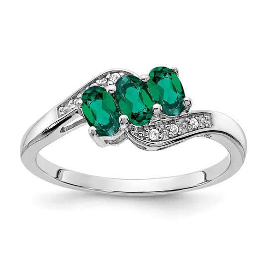 Sterling Silver Created Emerald and Diamond Ring