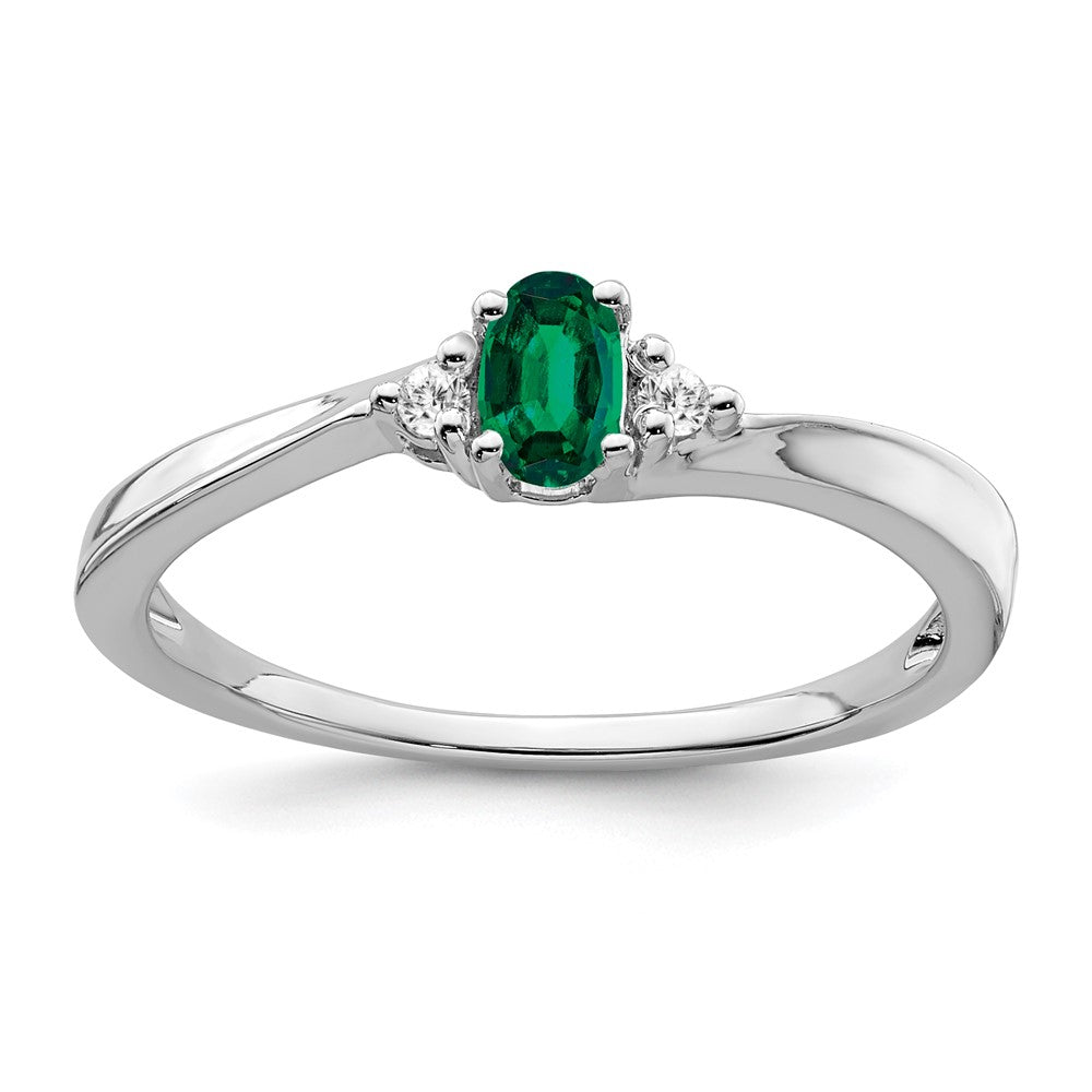 14k White Gold Created Emerald and Real Diamond Ring